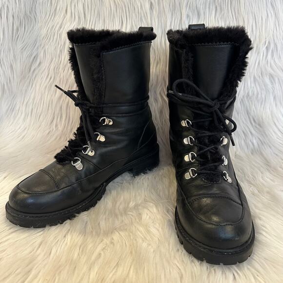 Stuart Weitzman Luge Boots Leather Faux Shearling Lace Up Mid Calf Combat Boots - Picture 7 of 16